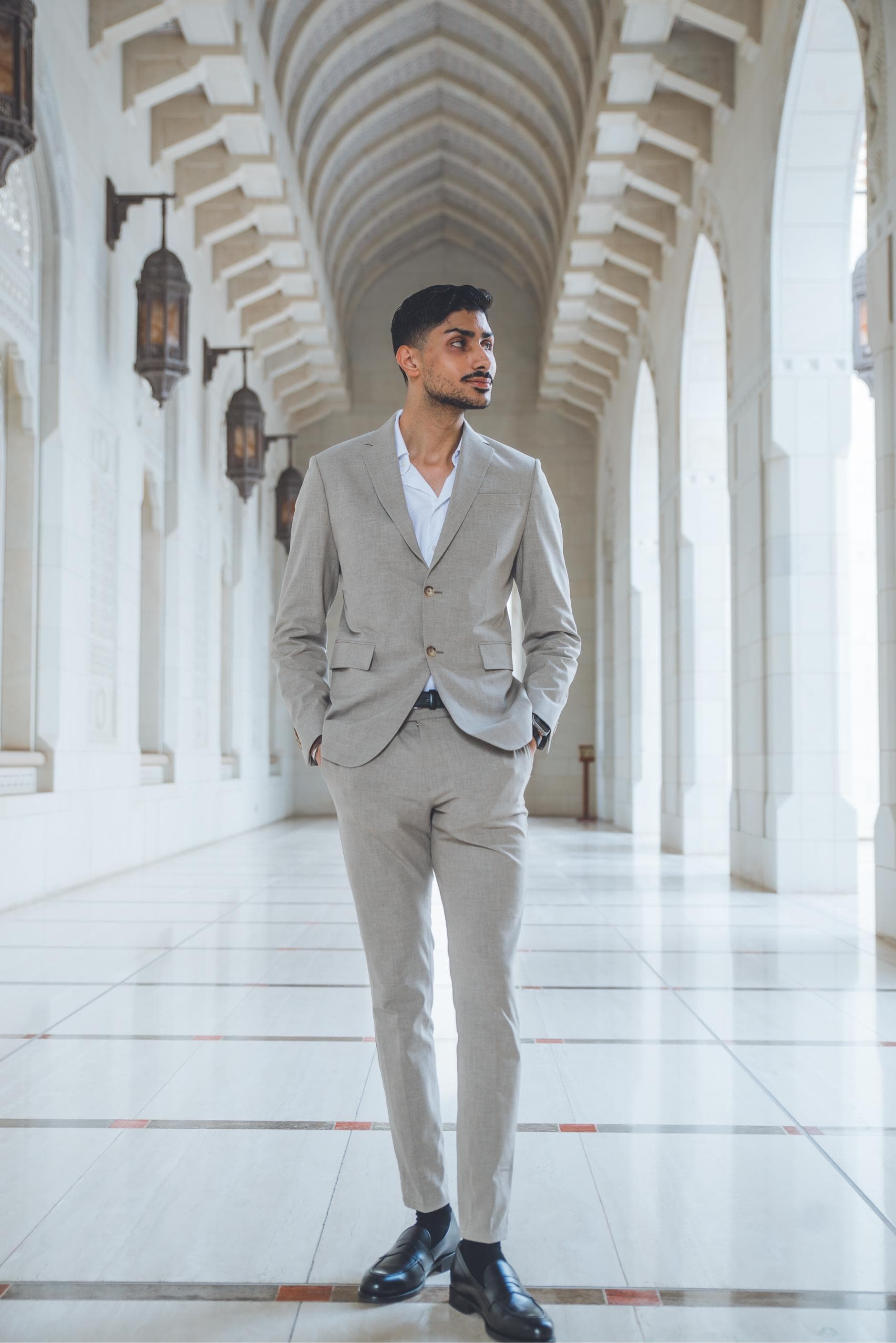 Formal portrait at the Grand Mosque colonnade